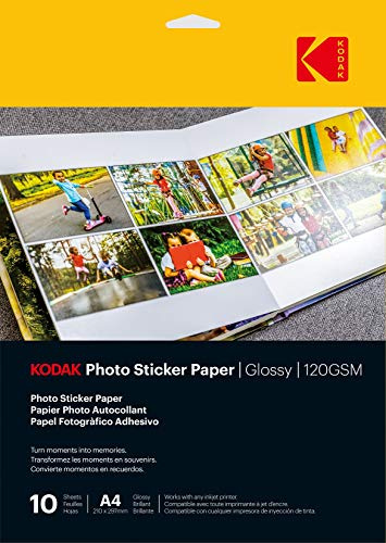 KODAK Photo Sticker Paper - Carta Fotografica Autoadesiva, Finitura Lucida, Confezione da 10 Fogli, Formato A4 (21x29,7 cm), 120 gsm, Compatibile con Stampanti a Inchiostro
