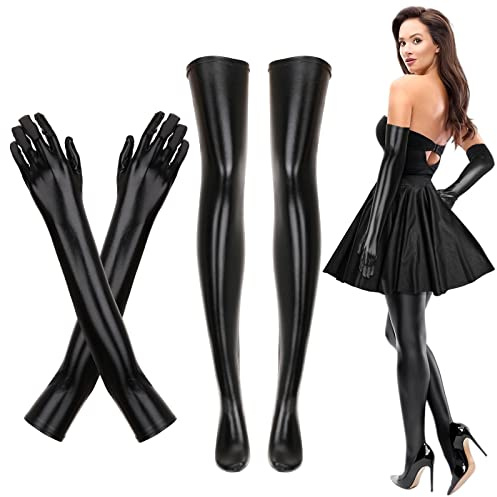 Ensemble de costume sexy pour femme en cuir verni noir avec bas montants et élasthanne élastique noir brillant, gants longs en cuir verni pour fête de Noël, style années 1920 pour femme