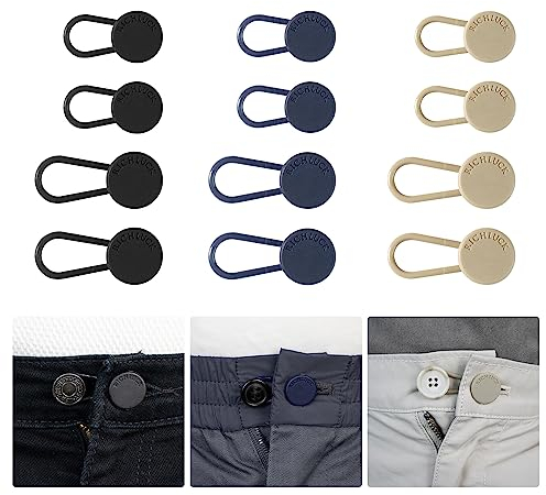RichLuck 12 Stück Knopfverlängerung für Hosen, Hosenbunderweiterung, Verstellbarer Hosenknopf Verlängerung für Herren- und Damenhosen, Kleider, Hemden (Schwarz, Blau, Khaki)