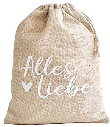 | 3 Geschenkbeutel mit Gruß, Leinensäckchen, Stoffbeutel mit Kordel,Geschenkverpackung aus Leinen-Baumwollstoff - 21x17 cm -(Alles Liebe)