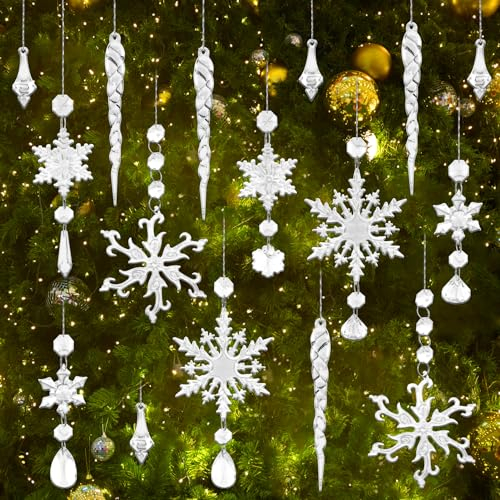 TOPJOWGA Acryl Eiszapfen Schneeflocke Eistropfen Anhänger, 16 Stück Schneeflocken Anhänger Weihnachten Deko, Weihnachtsbaum Kristall Dekorationen, Kristallschneeflocke Acryl Weihnachtsbaumschmuck