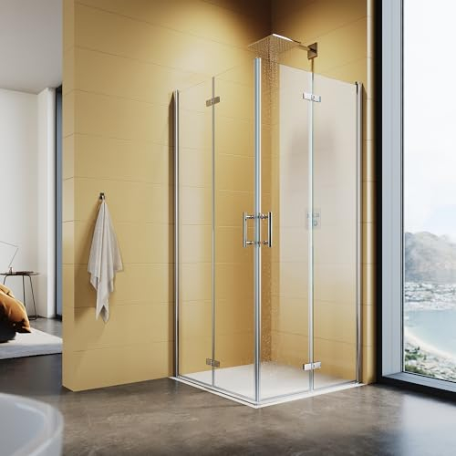 SUNXURY Cabine de douche - Entrée d'angle - 80 x 90 cm - Porte pliante à 180 ° - Hauteur 195 cm - Double porte battante en verre nano ESG de 6 mm