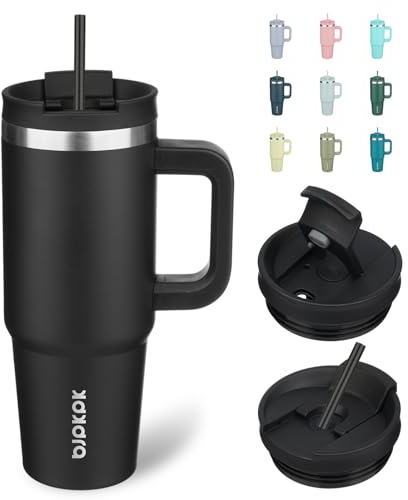 BJPKPK 8,5 dl rostfritt stål isolerad tumlare med handtag och lock sugrör resa kaffemugg termisk kopp, svart