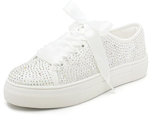 Elivandon 9995 Hochzeit Schuhe Spitze Braut Sneakers 3,7cm Plattform Braut Tennis Schuhe Sparkling Strass Hochzeit Sneakers Farbe Elfenbein,Größe 41 EU (7 UK)