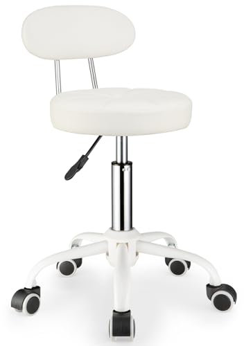 FNZIR Drehhocker auf Rädern, höhenverstellbar, Rollhocker mit Rückenlehne, PU-Leder-Sitzpolster weiß
