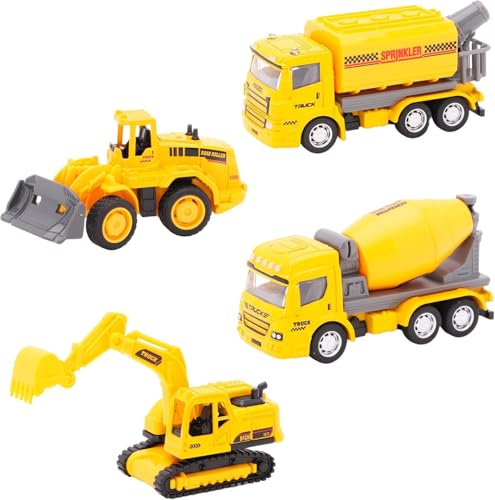 Toyland® Förpackning med 4 miniatyrbyggfordon – cementmixer, sprinkler, grävare- och tjurschaktare – byggleksaker för pojkar