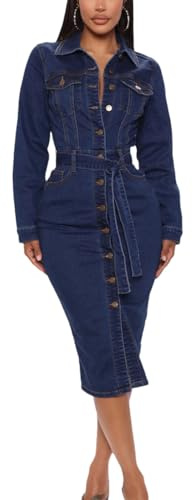 Vestidos de mezclilla vintage para mujer, de manga larga, con botones, elegante, vestido midi, azul vaquero, M
