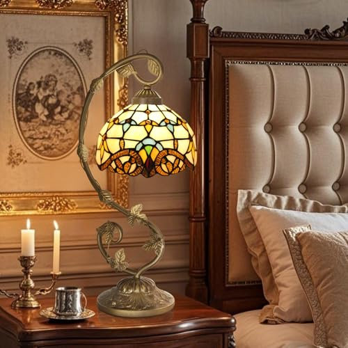 Ppbmocw Small Tiffany Lamp, 8 Inch Tiffany Style Lights Table Lamps for Living Room, Bedside, Reading,Vintage Mini Stained Glass Lamp Included 3 Color Temperatures E27 Bulb(Beige Baroque)