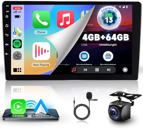 Hodozzy 4G+64G Double Din Android Car Stereo for Wireless Carplay and Android Auto,9 Inch Touchscreen GPS Car Radio with Bluetooth,Wifi,Navigation,DSP,USB,SWC,FM/RDS Car Audio Receiver+Rear Camera