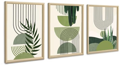 3Pcs Marco de Madera Cuadros decorativos, Planta Verde Cuadros Lienzo Decorativos Boho Verde Cuadro Decorativo Salón Dormitorio Comedor Oficina Decoración de Pared Listo para colgar 30x40cmx3