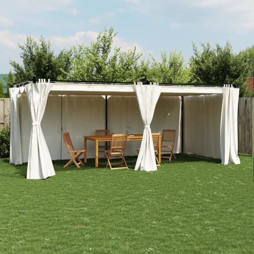Sufrk Tonnelle avec rideaux crème 6 x 3 m en acier, tonnelle pergola avec toile imperméable refermable et structure rectangulaire en acier inoxydable à haute densité, pour ameublement de jardin