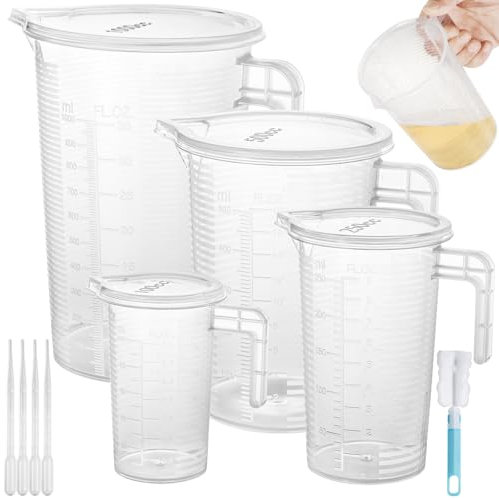 Realure Set 4 Pezzi Misurino in Plastica Riutilizzabile, 100-1000ml Graduato Con Pipetta/Coperchio/Spazzole, di Precisione Con Bilancia, Dosatore per Casa, Panetteria, Cucina