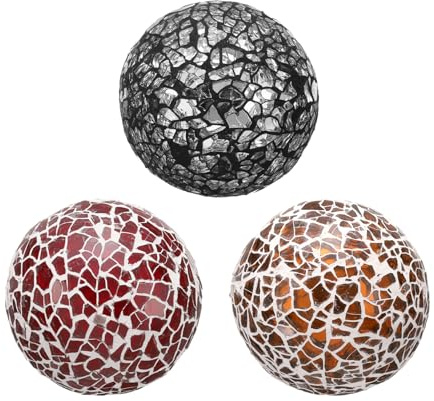 QUARKZMAN 3 Piezas Bolas de Vidrio Decorativas de 2.36 Pulgadas Esferas de Bolas de Mosaico para Decoración de Cuencos Jarrones Mesa de Comedor Fiesta, Plata Negro, Rojo, Marrón