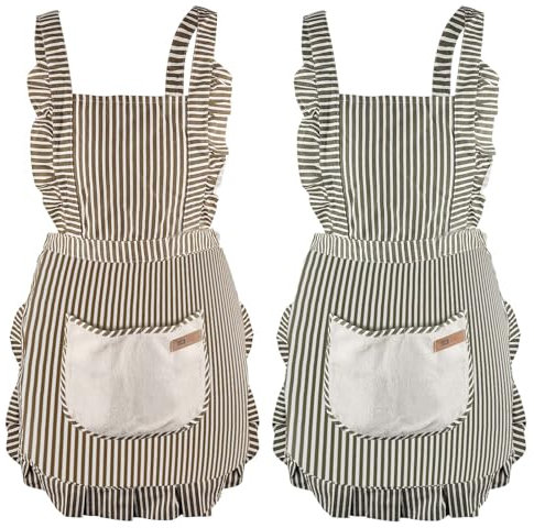 DONGFENGLION 2er Set Küchenschürze Damen mit Spitzen Tasche, Ölbeständig Schmutzabweisend aus Baumwolle Leinen für Kochen Backen Grillen, Geschenke für Frauen