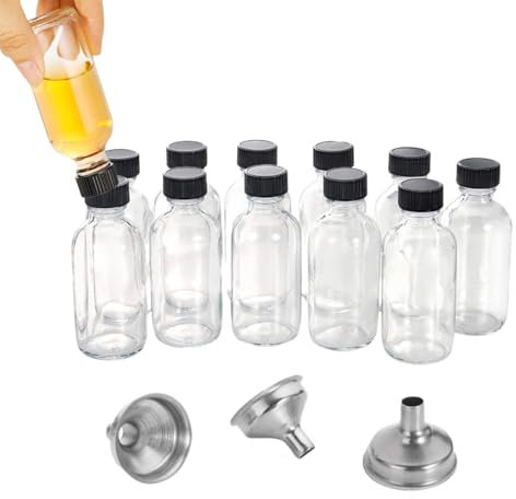 Glasflaskor med lock, 12 x behållare för ingefärsbehållare | 60 ml bärbara Boston provflaskor för oljor, dryck, wellness, whisky