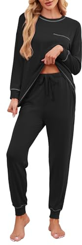 Namatime Pijama Largo de algodón para Mujer, Conjunto de Pijama de Manga Larga, Camiseta y Pantalones de Pijama con Bolsillos, Negro, L
