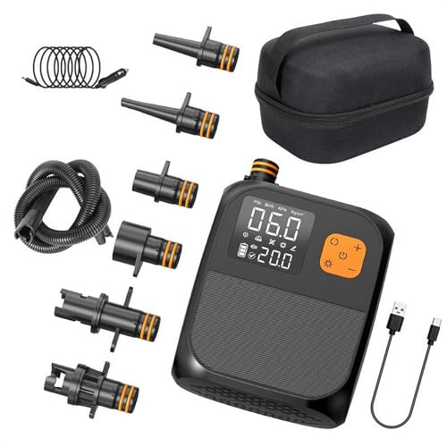 pulunto Pompa Sup Ricaricabile, 8000mAh 25PSI Pompe Elettriche per Tavole da Paddle, Schermo Tattile LED Gonfiaggio e Sgonfiaggio a Doppio Stadio, Pompa d'Aria Portatile Sup, Adatta per Kayak Vele Sup