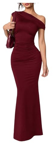 GORGLITTER Women's One Off Shoulder Fishtail Maxi Dresses Short Sleeve Ruched Bodycon Evening Dress Burgundy XX-Small