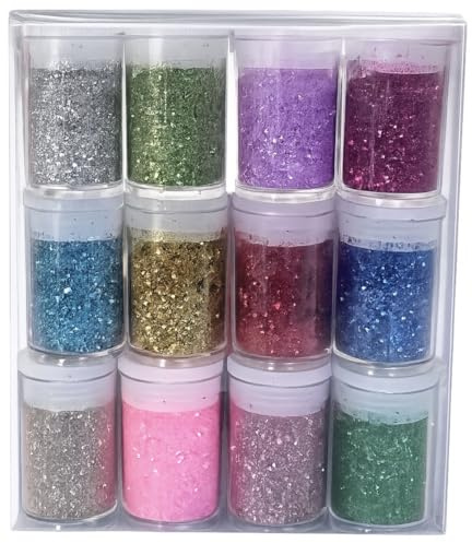 Craft Glitter pots Set, 12 Colours, Fine Loose Sparkle Fine Glitter Powder Glitter in Storage pots