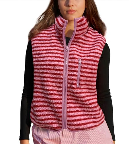 Colorful world Striped Fleece Vest Women High Neck Zip Up Sleeveless Teddy Sherpa Vest with Chest Pocket(Red,S)