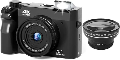 Zoomix Digital Camera, Cámara Digital 4K De 75 MP, Cámara Compacta con Zoom Digital De 18X, Pantalla LCD De 3 Pulgadas Y Cámaras Duales Delantera Y Trasera(Black+Wide-Angle Lens)