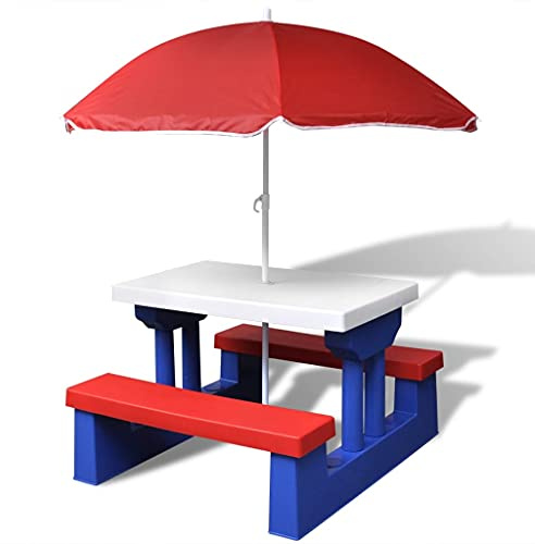Youuihom Kinder Picknicktisch mit 2 Bänken und Sonnenschirm Robuste Outdoor Garnitur aus PP und Stahl 67 x 41 x 47 cm für Garten Balkon und Camping
