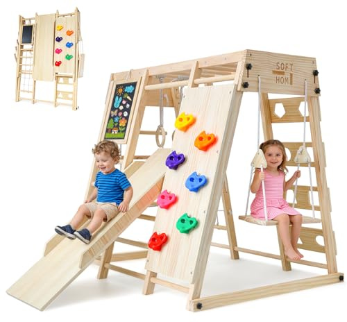 SOFTHOM Maxi Telaio da Arrampicata per Interni, Bambini dai 1 anno in su, 10 in 1 Telaio da Arrampicata per Bambini, Montessori Parco Giochi, Lavagna, Oscillazione, Skateboard, Parete da Arrampicata