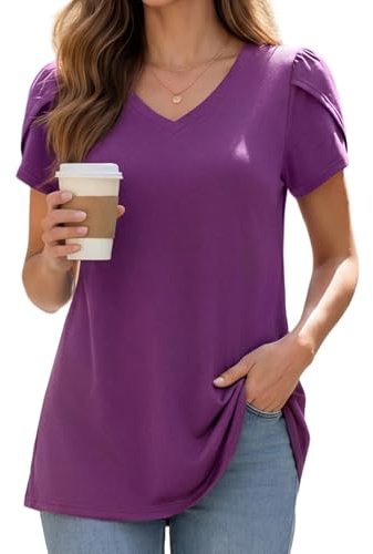 Enmain Camisetas Mujer Manga Corta Tallas Grandes Blusas y Camisas para Mujer Elegantes Holgada Cuello en V Casual Túnica T-Shirt Morado 2XL