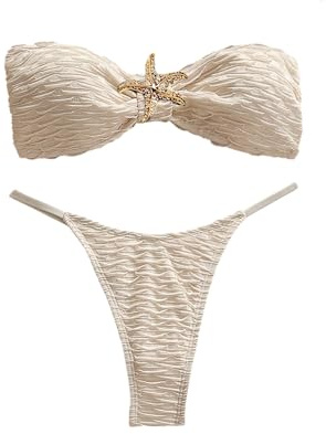 GORGLITTER Women's 3 Piece Bandeau Swimsuits High Cut Cheeky Textured Strapless Starfish Decor Bikini Set with Coverup Skirt Apricot Medium