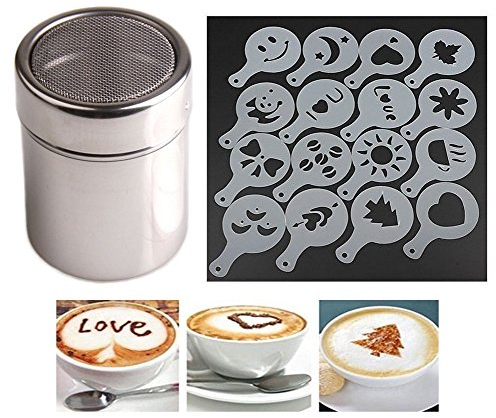 Spargicacao (in acciaio inox) + 16 stencil per decorare il cappuccino o il caffè