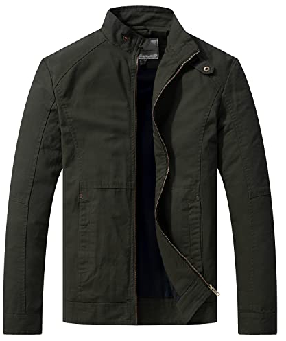 WenVen Men's Outdoor Lightweight Jacket Casual Cotton Coat Windproof Warm Jackets Classic Full-Zip Jacket Army Green L