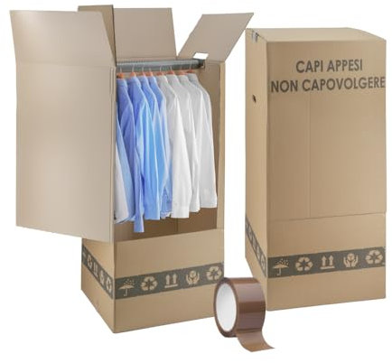 IMBALLAGGI 2000 - Scatole Cartone Porta Abiti con Barra Appendiabiti - 50x50 cm h 110 cm - Scatoloni Doppia Onda per Trasloco Armadio - Confezione da 2 pezzi + 1 Nastro Adesivo Omaggio