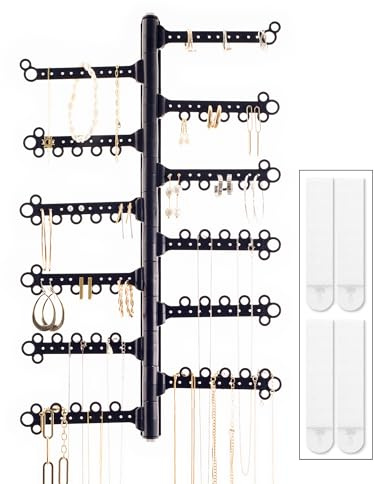 AllHungUp 12-Tier Wall Jewelry Organizer Wall Mounted Jewelry Organizer Necklace Holder Wall Mount Hanging Necklace Organizer Jewelry Hanger Wall Mounted Earring Holder Display Earring Organizer Black