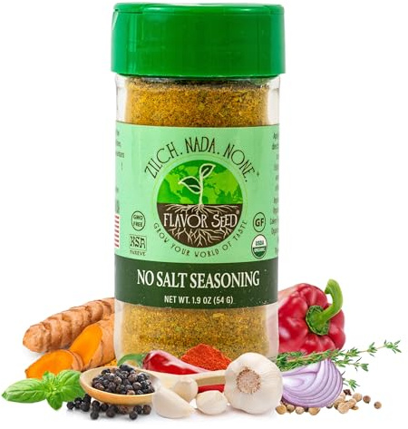 Organic No Salt Seasoning - Zilch Nada None by Flavor Seed, Salt Substitute for Cooking with Herbs & Spices, All Purpose Seasoning for Meat, Fish & Veggies, Gluten Free, Kosher, 1.9 oz Shaker Jar