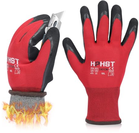 HPHST Gants de travail C431CW - Pour homme et femme - Gants d'hiver thermiques - Gants de montage - Grip double couche - Imperméables à l'huile - Gants de jardin (rouge/noir) 8/M