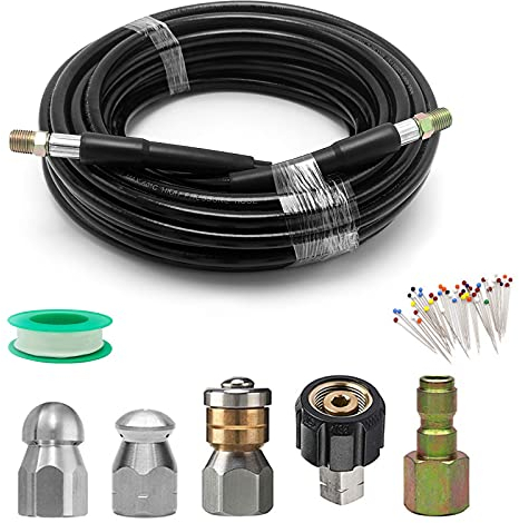 Cowhilan Hochdruckreiniger Schlauch 10M Rohrreinigungsschlauch 5800PSI 60 °C Rohrreinigungs set 1/4 Zoll NPT Rohrreiniger mit 5 Schraubkappen, für Hochdruckreiniger Kärcher k2-k7