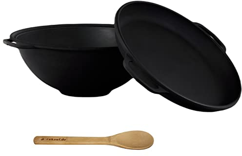 rukauf 12 Liter Kasan Kazan aus Gusseisen mit Pfannen-Deckel Gulasch-Kessel Outdoor Schwenktopf