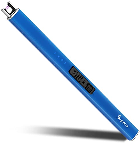 SUPRUS Accendino luminoso al buio, accendino elettrico a candela, ricaricabile, con serratura di sicurezza, al plasma senza fiamma antivento per griglia a candela (blu)