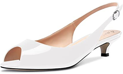 Aachcol Femmes Slingback Escarpins Ouvert Bout Kitten Bas Talon Heel Lanières Cheville Sandales Dress Chaussures Party Blanc Vernis 3.5 CM 42 EU