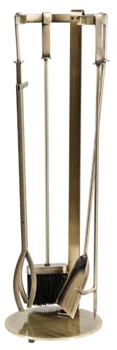 Modern Ember Knoll - Set di attrezzi per caminetto in ottone invecchiato, include spazzola, pala, attizzatoio, pinze e supporto, struttura in acciaio