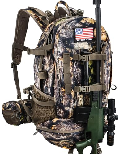 YVLEEN Jagd Rucksack, Durable Camo Jagd Packs für Männer, Große Kapazität Jagd Tag Pack für Gewehr Bogen Gun, Jagd Ausrüstung, Wild Leaves Camo - H1, Classic
