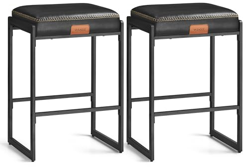 VASAGLE EKHO Kollektion - Barhocker 2er Set, Barstuhl, Küchenstuhl, Kunstleder mit Nähten, Mid-Century-Modern-Stil, 66 cm hoch, Hausbar, Esszimmer, einfacher Aufbau, tintenschwarz LBC086B01
