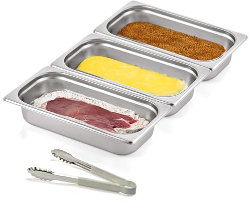 Morleos Lot de 3 bols à paner + pince blanche | GN 1/3 en acier inoxydable 32,5 x 17,6 x 6,5 cm | Volume total : 7,5 l | Panure et marinade de viande, escalopes | 0,7 mm d'épaisseur