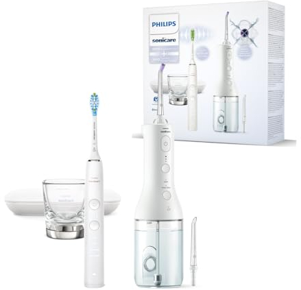Philips Sonicare kabellose Power Flosser Munddusche und DiamondClean 9000 elektrische Zahnbürste – Saubere Zähne, sauberes Zahnfleisch und Plaque-Entfernung, Weiß (Modell HX3886/41)