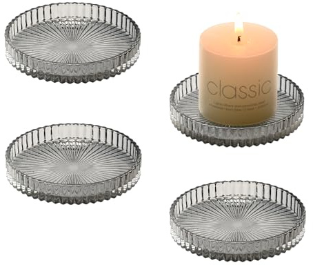 YoHyien 4 Pezzi Piattino Porta Candele 9 cm, Piatto per Candele in Vetro Trasparente, Sotto Candela per Tealight, Portacandele per Natalizie, Matrimonio Decorazione, Casa Festa e Cena (Grigio)