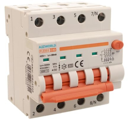 A2ZWORLD Interrupteur magnétothermique différentiel triphasé, type A 30 mA, RCBO Classe A 4P C40 40A, courbe C 3P+N 6000A, occupe 4 modules DIN, AC 400 V IP20