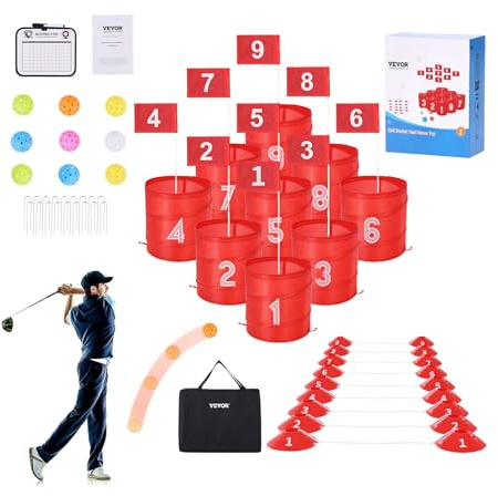 VEVOR Jeu de golf pour jardin, terrain de golf à 9 trous, jeux d'exercices pour le golf dans le seau, jeu de chipping de golf pour famille, adultes et enfants, jeu de golf portable en plein air pour