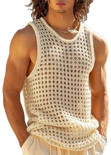 Generisch Hombres Crochet Tank Tops Hueco Transparente Chaleco de Punto Cuello Redondo Verano Camisetas de Punto