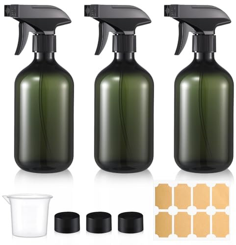 saerryor 3 Pack 500ml Spray Bottles with 25ml Plastic Beaker & 8 Labels, Refillable Fine Mist Water Sprayer Leakproof Seal Cap for Cleaning, Hair, Plants, Gardening