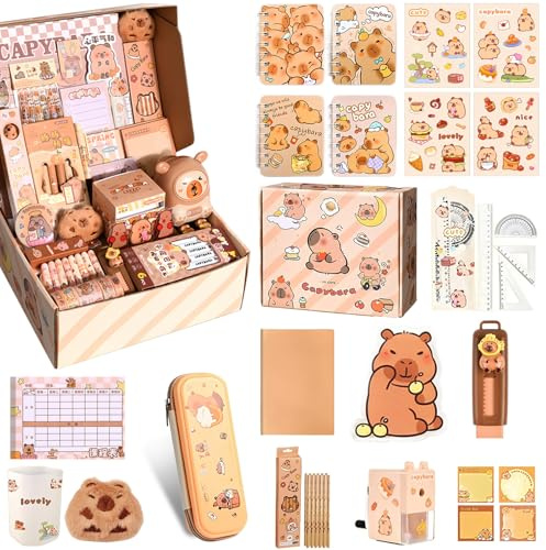 Mirrwin Set di Cancelleria Capibara, Forniture per Ufficio e Scuola Astuccio Capibara con Accessori Penne Cancellabili,Segnalibri Block Notes Adesivi Badge Regalo per Ufficio Scuola Studenti Bambini